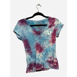 True Religion Tie Dye Y2K Buddha TShirt Purple Blue Graphic V-Neck Size XS